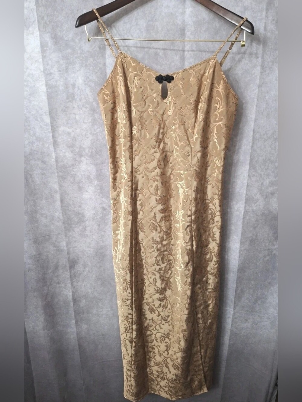 Elegant Gold Jacquard Slip Dress with Delicate Straps